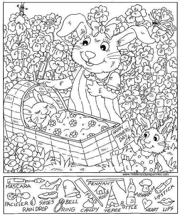 Название: Раскраска Мама крольчиха и крольчата. Категория: Найди предметы. Теги: крольчиха, крольчата, колыбель.