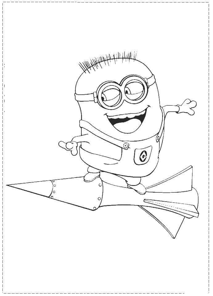 Coloring Minion flying on a rocket. Category the minions. Tags:  Cartoon character, Minion.