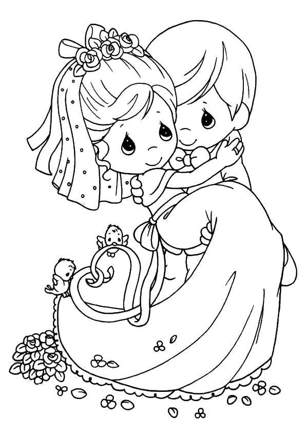 Название: Раскраска Молодожёны и птицы. Категория: Свадьба. Теги: Свадьба, платье, жених, невеста.