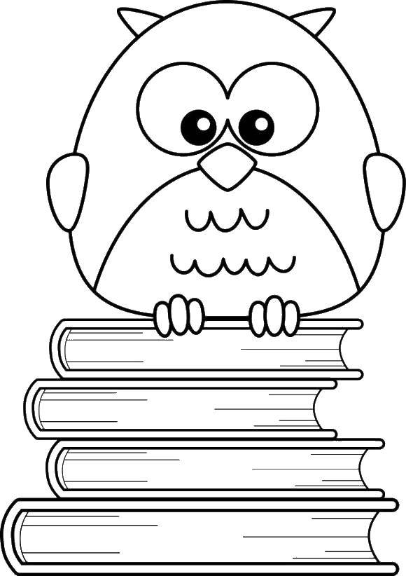 Название: Раскраска Мудрая сова сидит на книгах. Категория: Раскраски для малышей. Теги: Сова, книги.