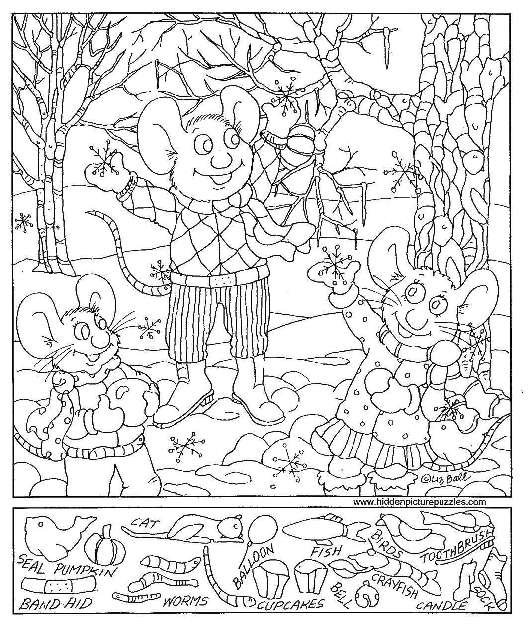 Coloring Mice and snowballs. Category Find items. Tags:  the mice , snowballs, trees, jackets.