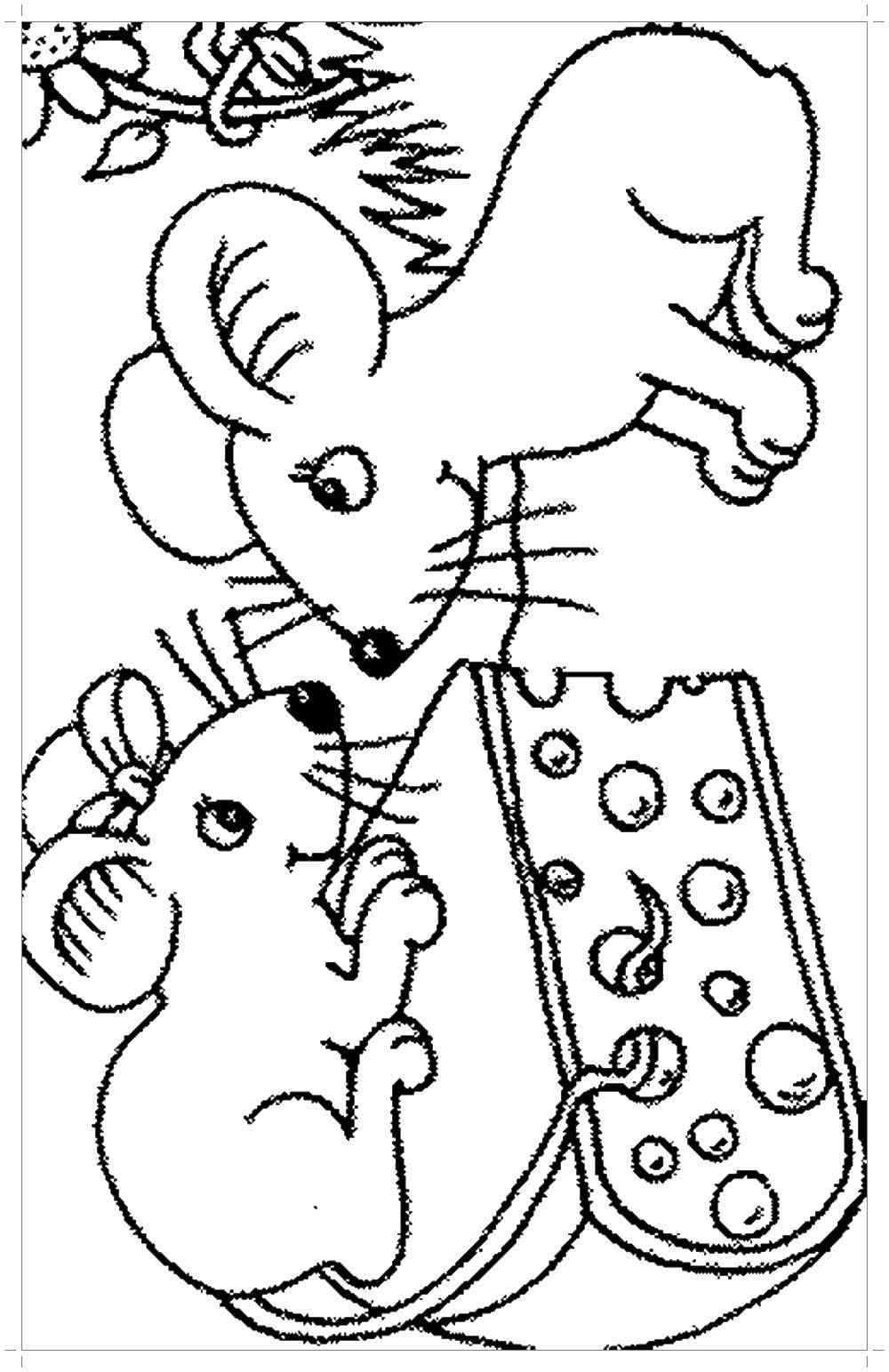 Название: Раскраска Мышки и сыр. Категория: мышка. Теги: Мышка, животные.