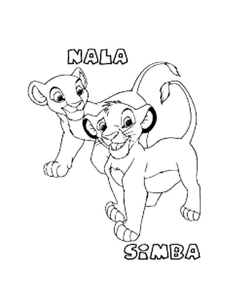 Название: Раскраска Нала и симба. Категория: Король лев. Теги: львята, Нала, Симба.