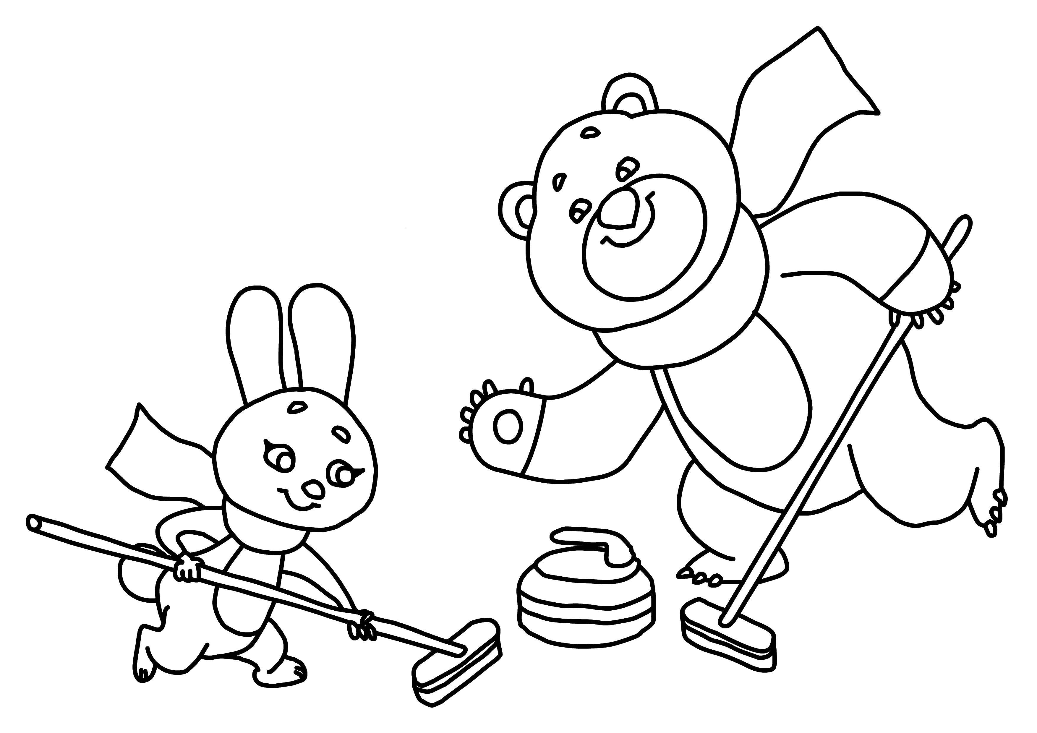 Название: Раскраска Олимпийский мишка и заяц играют в керлинг. Категория: олимпийские игры. Теги: мишка, заяц, керлинг.