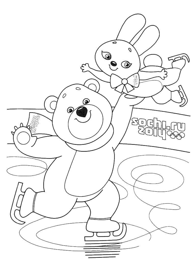 Coloring Olympic bear and a hare at the rink. Category the Olympic games . Tags:  the bear , Bunny, skating, ice.