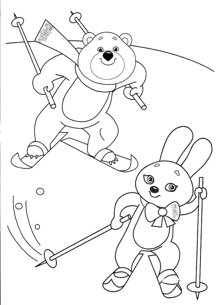 Название: Раскраска Олимпийский мишка и зайка на лыжах. Категория: олимпийские игры. Теги: мишка, зайка, лыжи, склон.