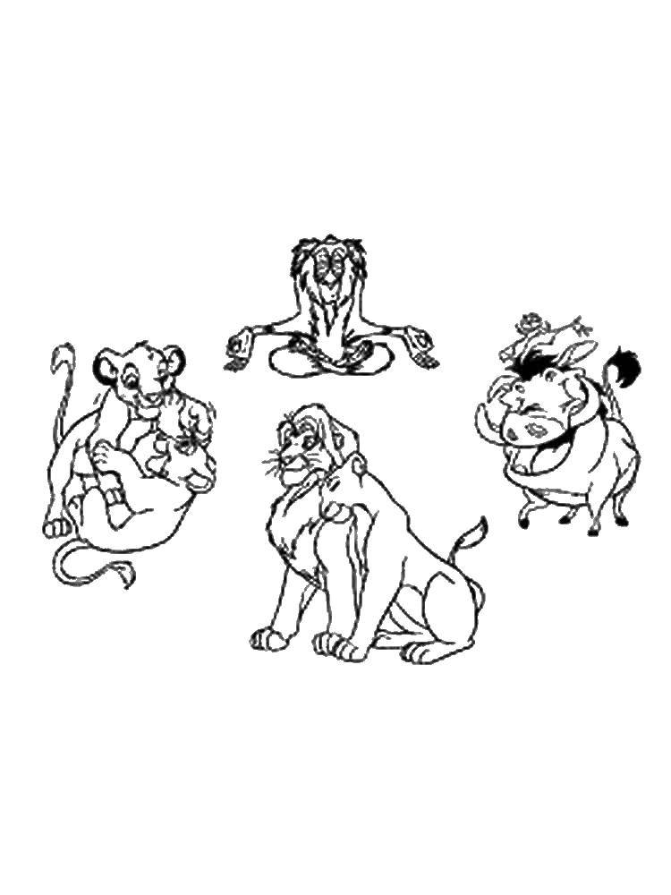 Название: Раскраска Персонажи мультика король лев. Категория: король лев. Теги: симба, пумба, тимон.