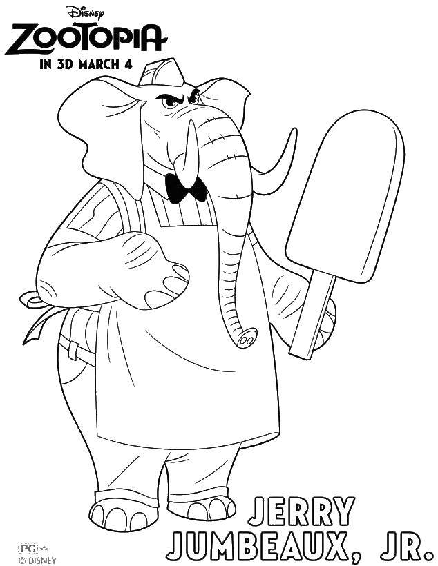 Название: Раскраска Слон продавец и эскимо. Категория: Зверополис. Теги: слон, фартук, эскимо.