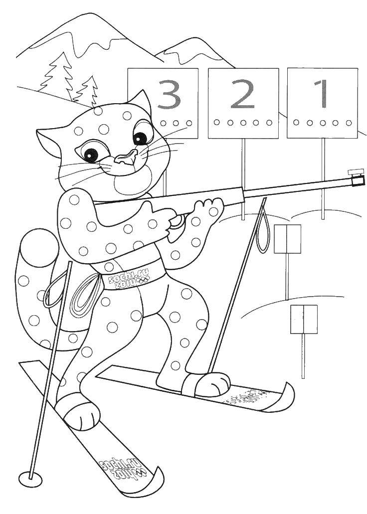 Coloring Snow leopard and biathlon. Category the Olympic games . Tags:  bars, skis, a rifle.