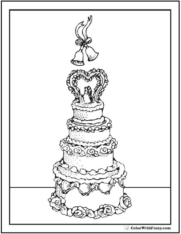 Название: Раскраска Свадебный торт и колокольчики. Категория: Свадьба. Теги: Торт, еда, праздник.