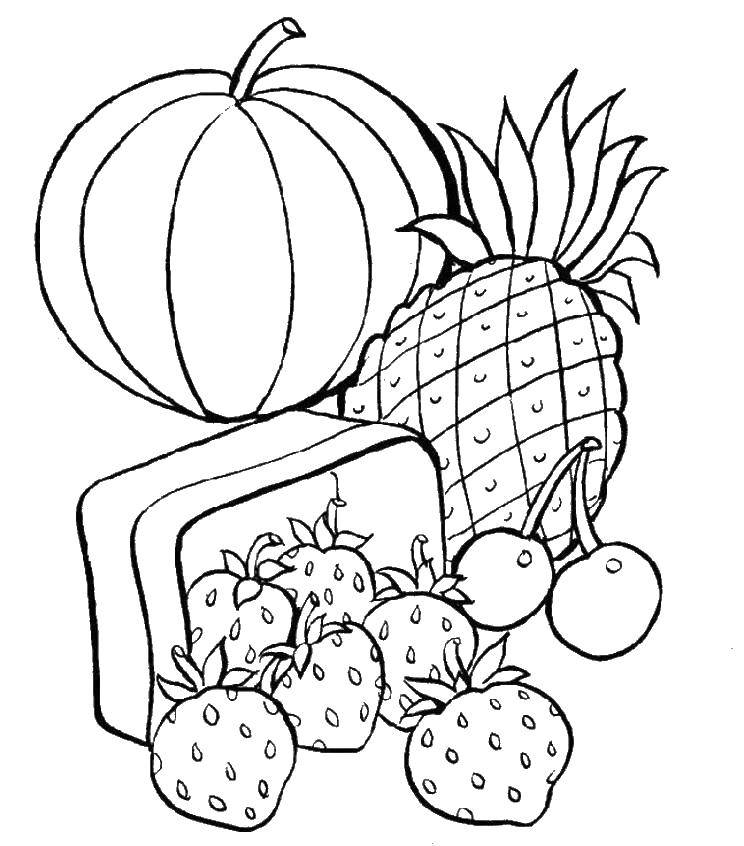 Название: Раскраска Тыква, ананас и клубничка. Категория: еда. Теги: Овощи, фрукты, ягоды.