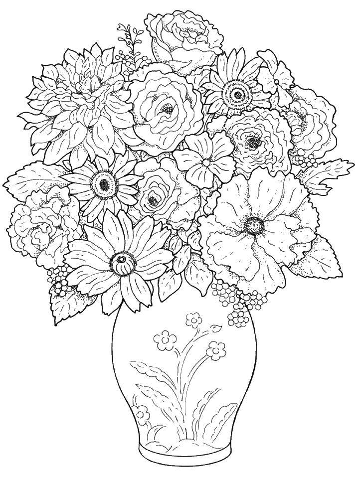 Название: Раскраска Ваза с цветочками и букет цветов. Категория: цветы. Теги: ваза, букет, цветы.