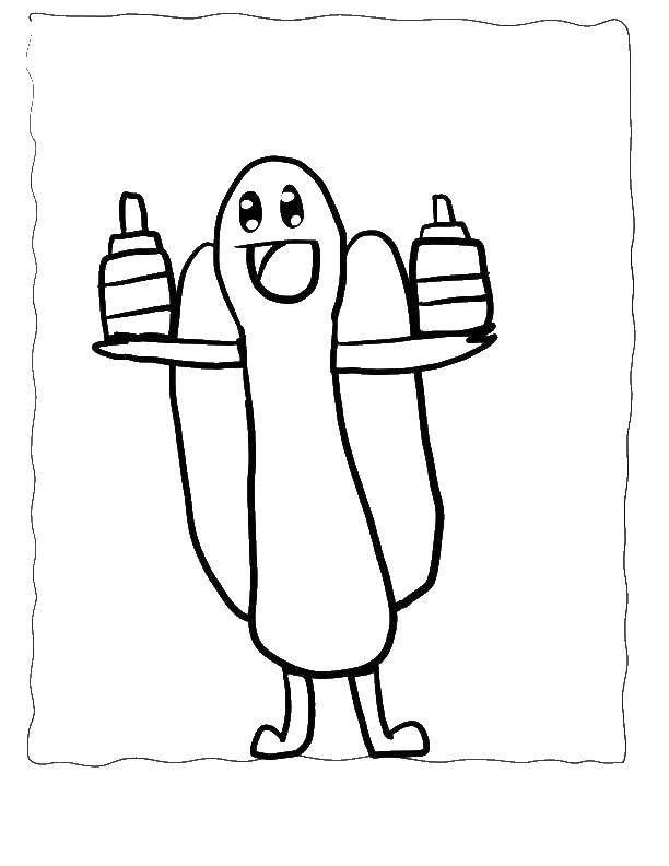 Coloring Jolly hotdog with mustard and ketchup. Category Coloring pages for kids. Tags:  food, hotdog.