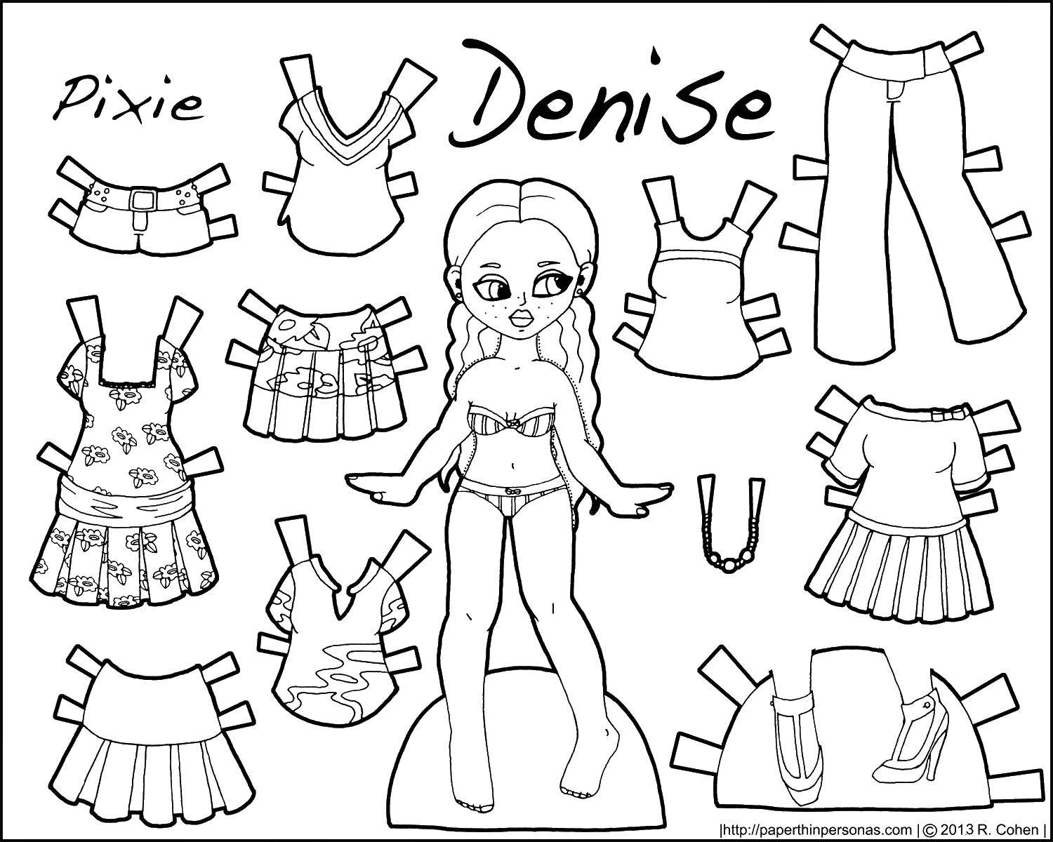 Раскраска Бумажная кукла и ее одежда Скачать ,кукла, юбка, платье, туфли,.  Распечатать 