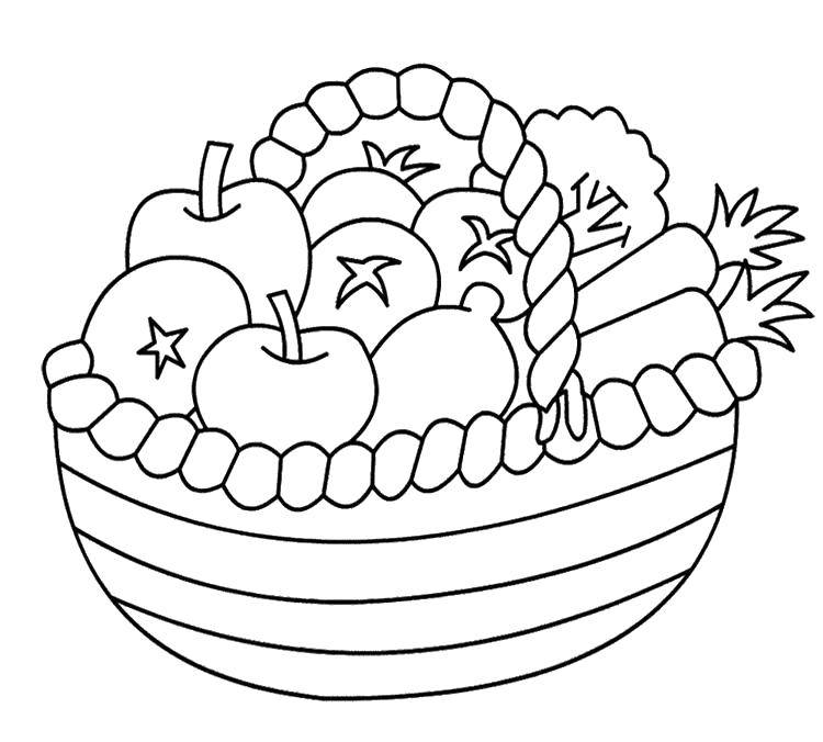 Раскраска Корзинка с фруктами и овощами Скачать ,Корзинка, яблоки, помидоры, морковь,.  Распечатать 