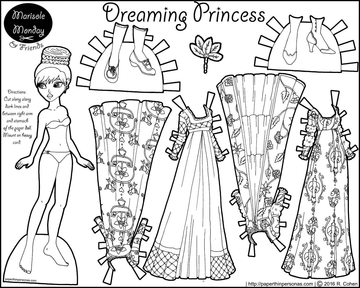 Coloring Paper clothes for dolls. Category coloring pages for girls. Tags:  doll, dress, skirt, shoes.