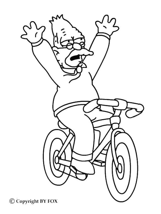 Название: Раскраска Дедушка гомера на велосипеде. Категория: Симпсоны. Теги: дедушка, велосипед, симпсоны.