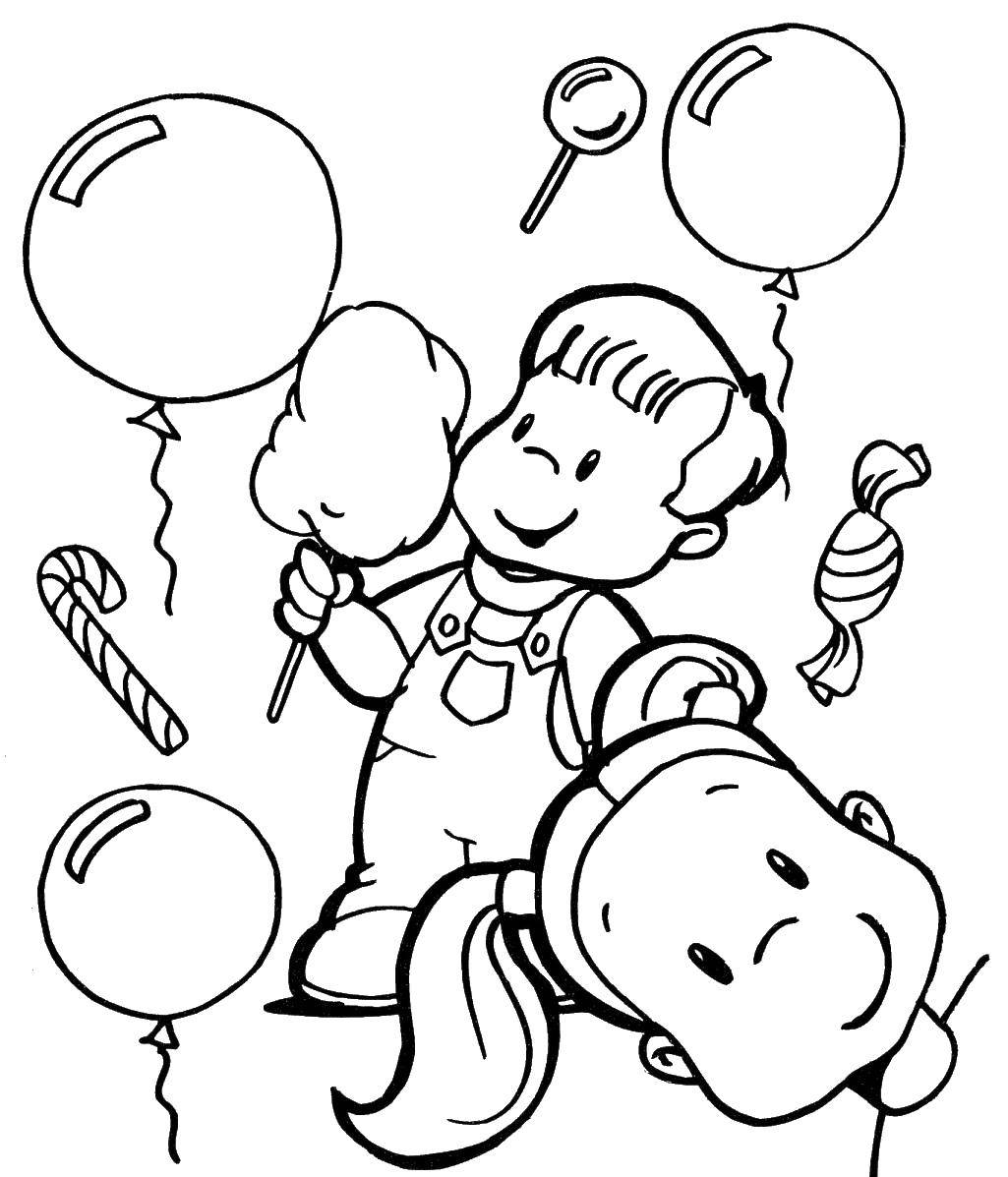 Название: Раскраска Дети и сладкая вата с шариками. Категория: дети. Теги: дети, шарики, вата.