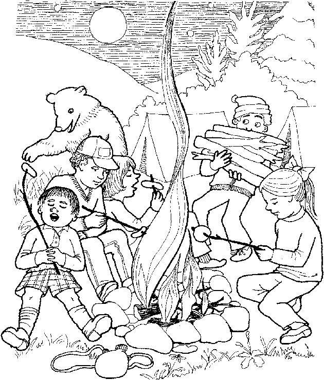 Coloring Children at a fire n camping. Category Camping. Tags:  leisure, nature, children, hike.