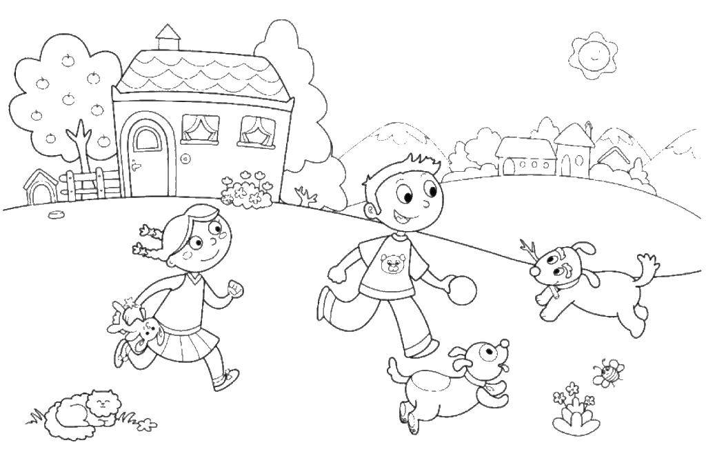Coloring Kids playing with animals. Category children. Tags:  children, animals, family.