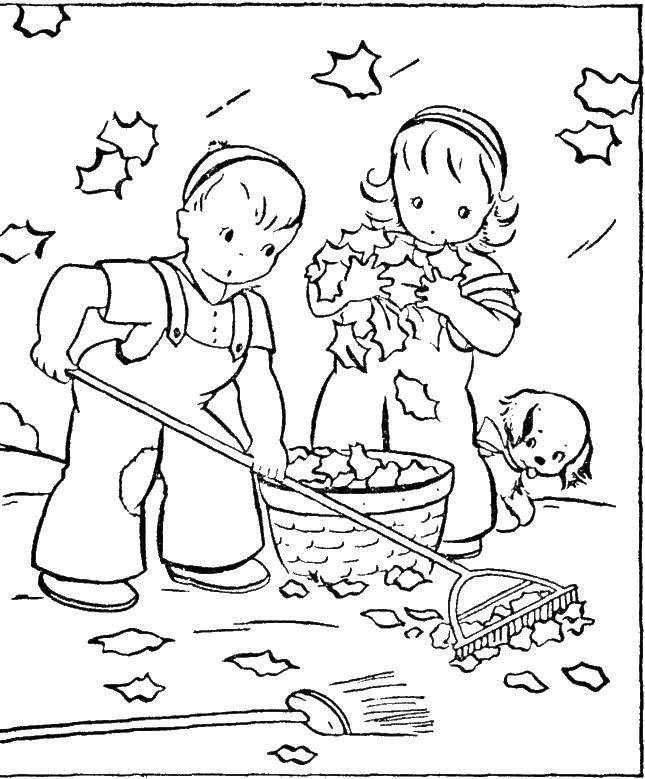 Название: Раскраска Детки убирают листву. Категория: Уборка. Теги: уборка, листва, дети.