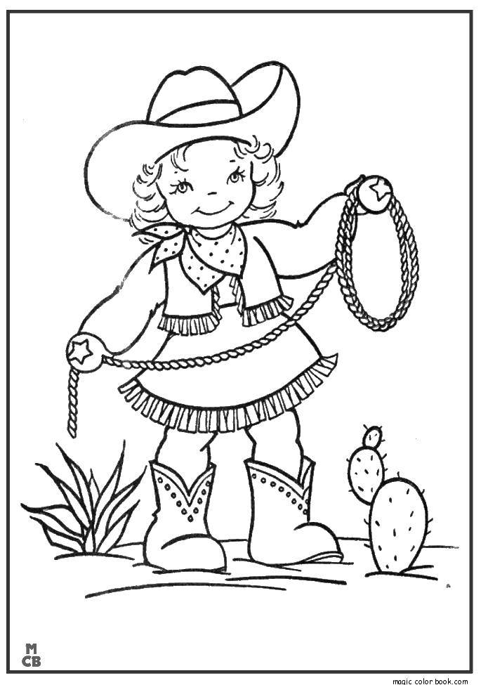 Название: Раскраска Девочка ковбой и веревка. Категория: Для девочек. Теги: ковбой, веревка, кактус, шляпа.