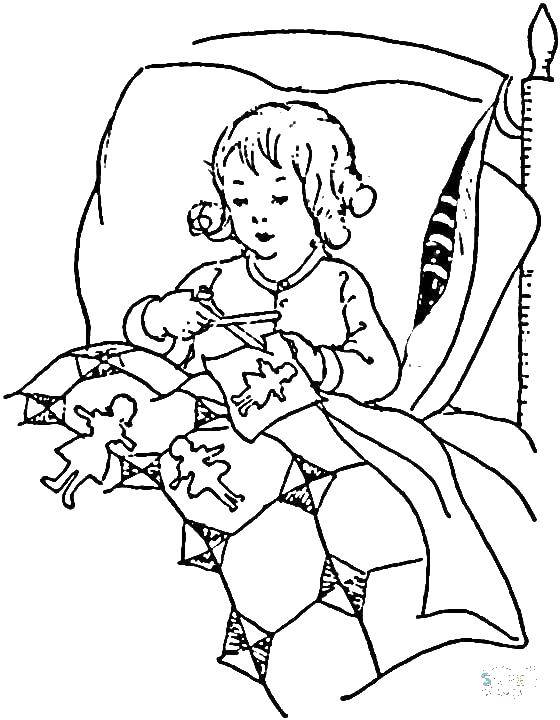 Название: Раскраска Девочка на кровати и одеяло. Категория: сон. Теги: девочка, кровать, одеяло.