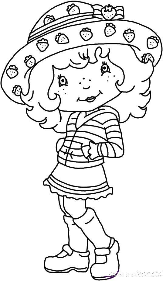 Coloring Girl in a hat with a strawberry. Category children. Tags:  girl , skirt, hat, strawberry.