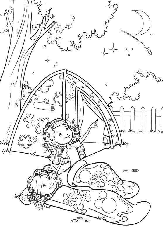 Coloring Girls and tent. Category Camping. Tags:  girls, tent, stars.