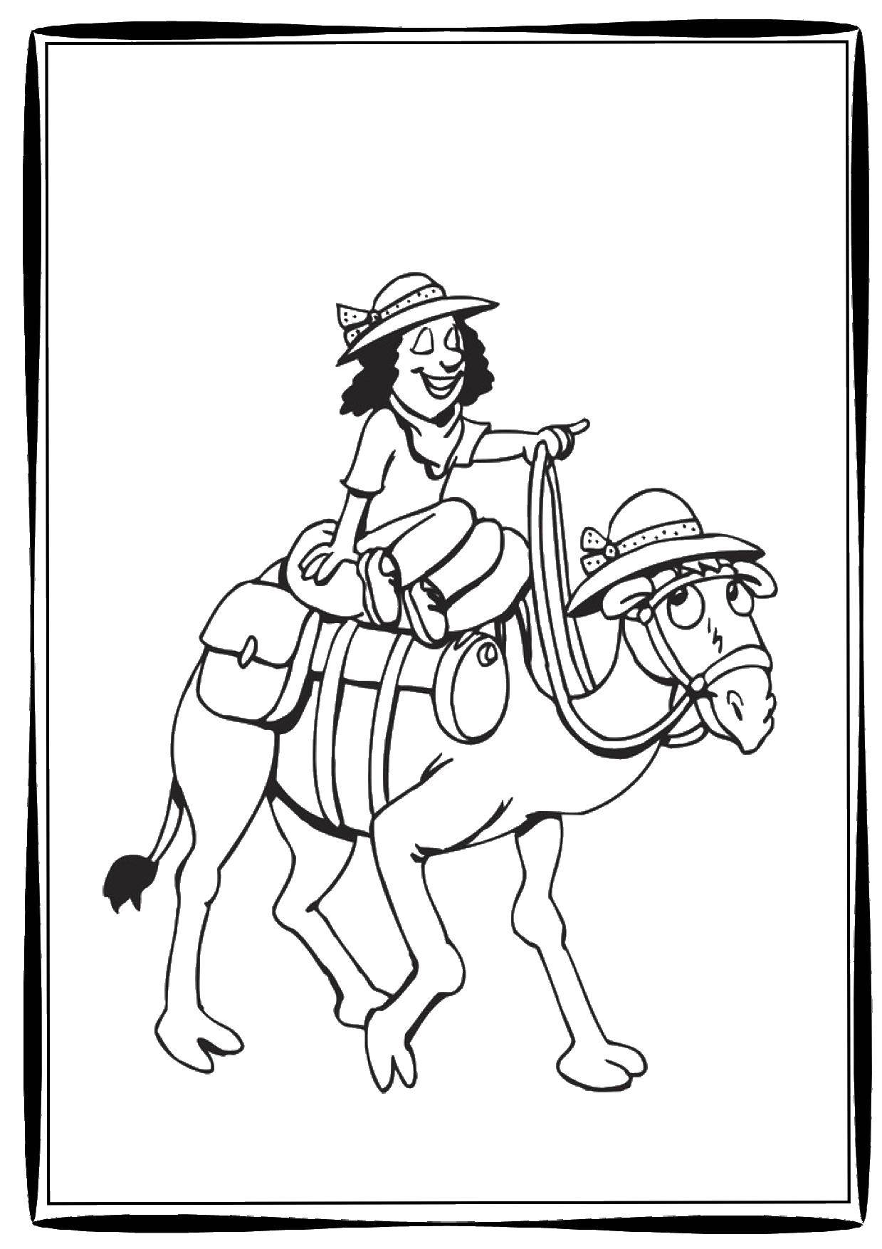 Название: Раскраска Девушка на верблюде. Категория: раскраски. Теги: девушка, верблюд, шляпы.