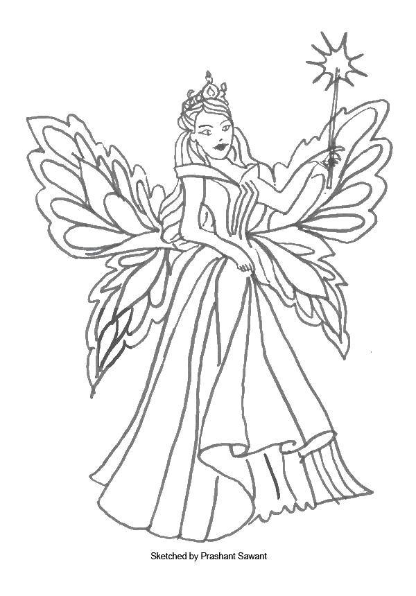 Название: Раскраска Девушка с крыльями и волшебной палочкой. Категория: феи. Теги: фея, крылья, корона.