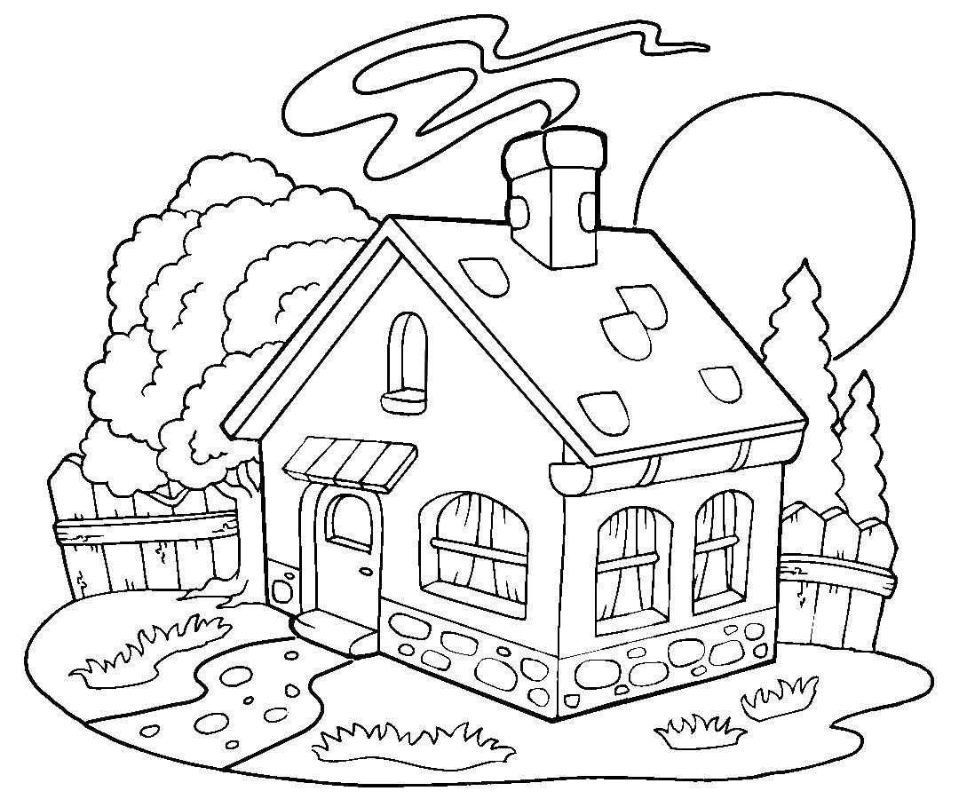 Название: Раскраска Домик в деревне. Категория: деревня. Теги: дом, забор, дым, окна.