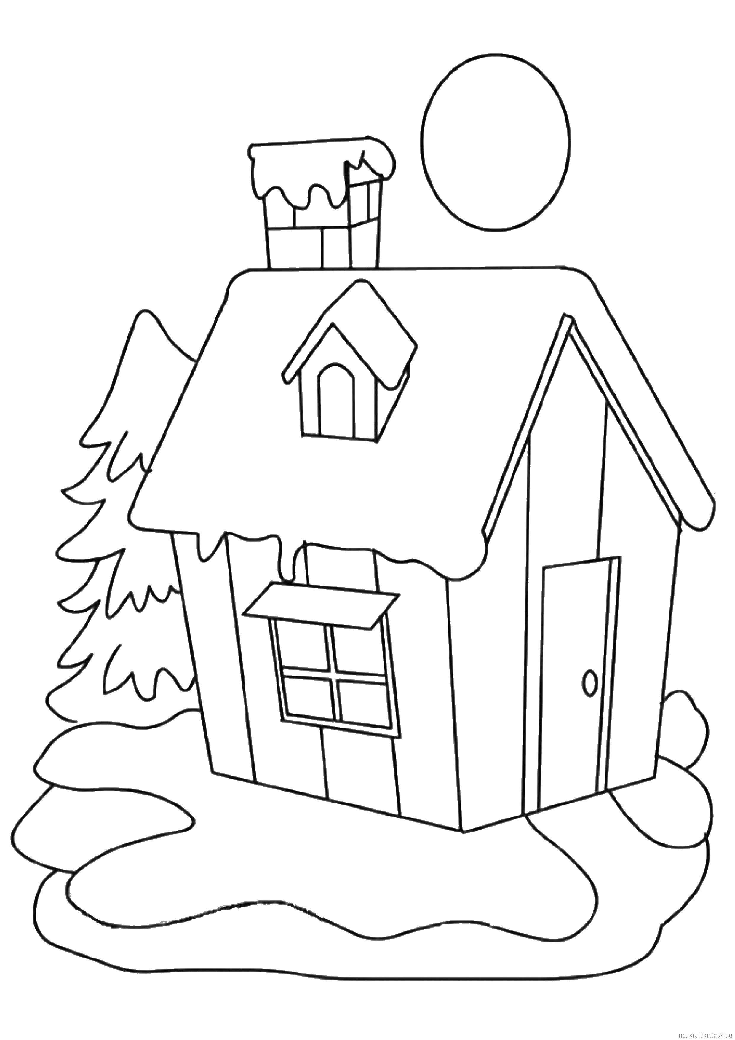 Название: Раскраска Домик в снегу и елка. Категория: деревня. Теги: дом, снег, елка.