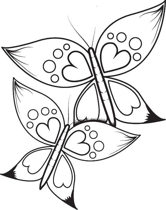 Название: Раскраска Две бабочки с сердечками. Категория: бабочки. Теги: бабочки, крылья, сердечки.