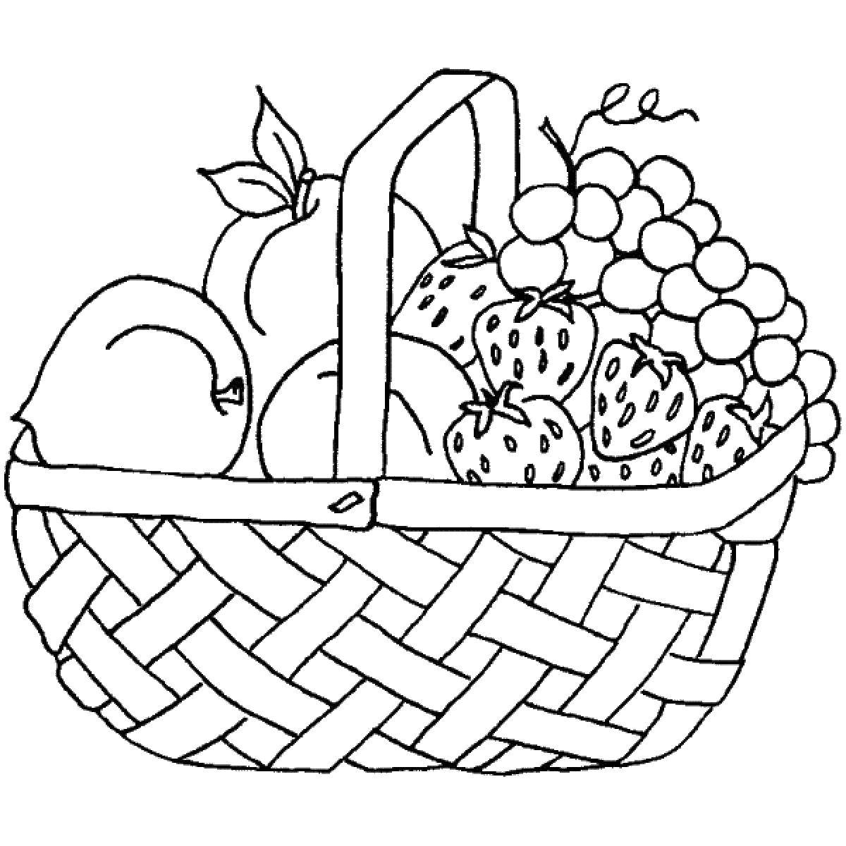 Название: Раскраска Фрукты и ягоды в корзине. Категория: фрукты. Теги: корзина, фрукты, ягоды.
