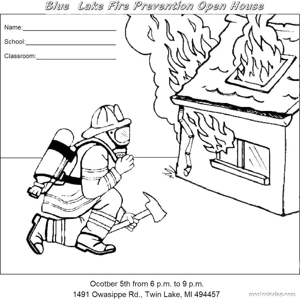 Coloring The burning house and the fireman. Category Fire. Tags:  firefighter, fire, house.