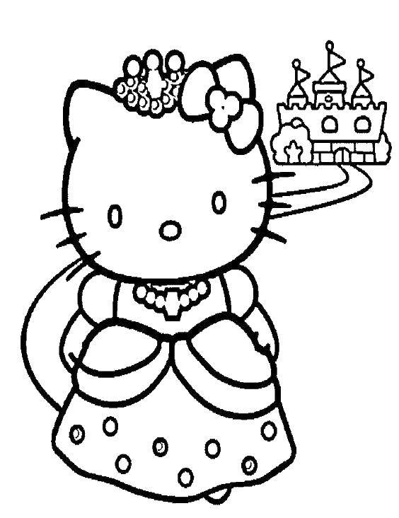 Название: Раскраска Hello kitty и замок. Категория: Hello Kitty. Теги: Hello Kitty, замок, корона.