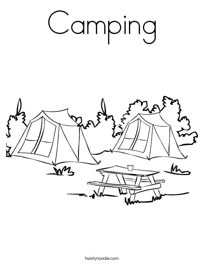 Название: Раскраска Кэмпинг. Категория: Отдых на природе. Теги: палатки, стол, лавочки.
