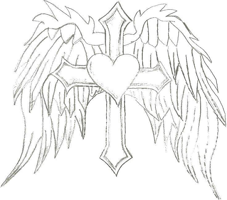 Название: Раскраска Крест с крыльями и сердцем. Категория: раскраски. Теги: крест, крылья, сердце.