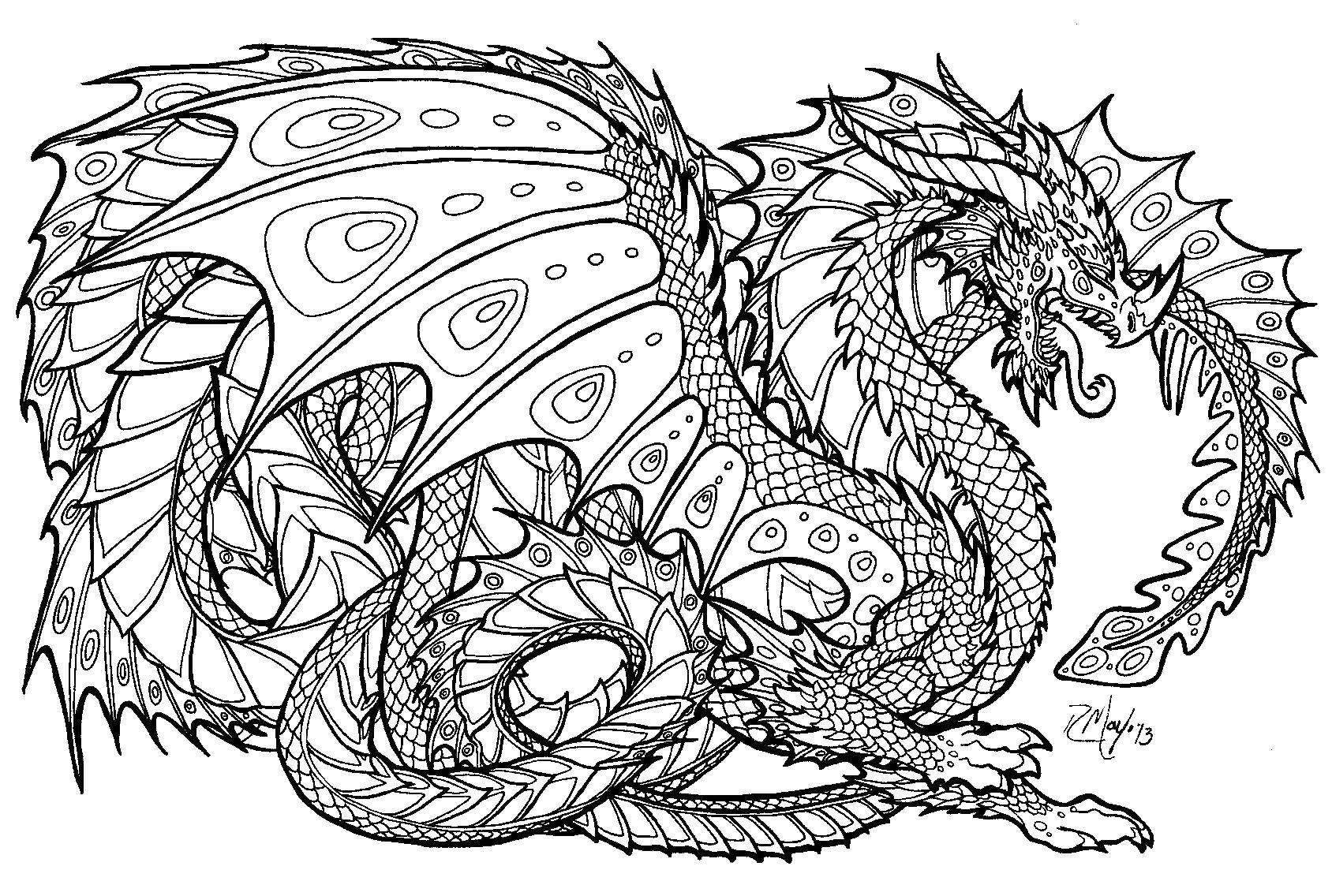 Название: Раскраска Летающий дракон и узоры. Категория: дракон. Теги: дракон, крылья, узоры.