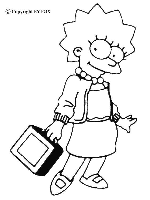 Название: Раскраска Лиза симпсоны в куртке. Категория: Симпсоны. Теги: Лиза, симпсон, сумка, куртка.