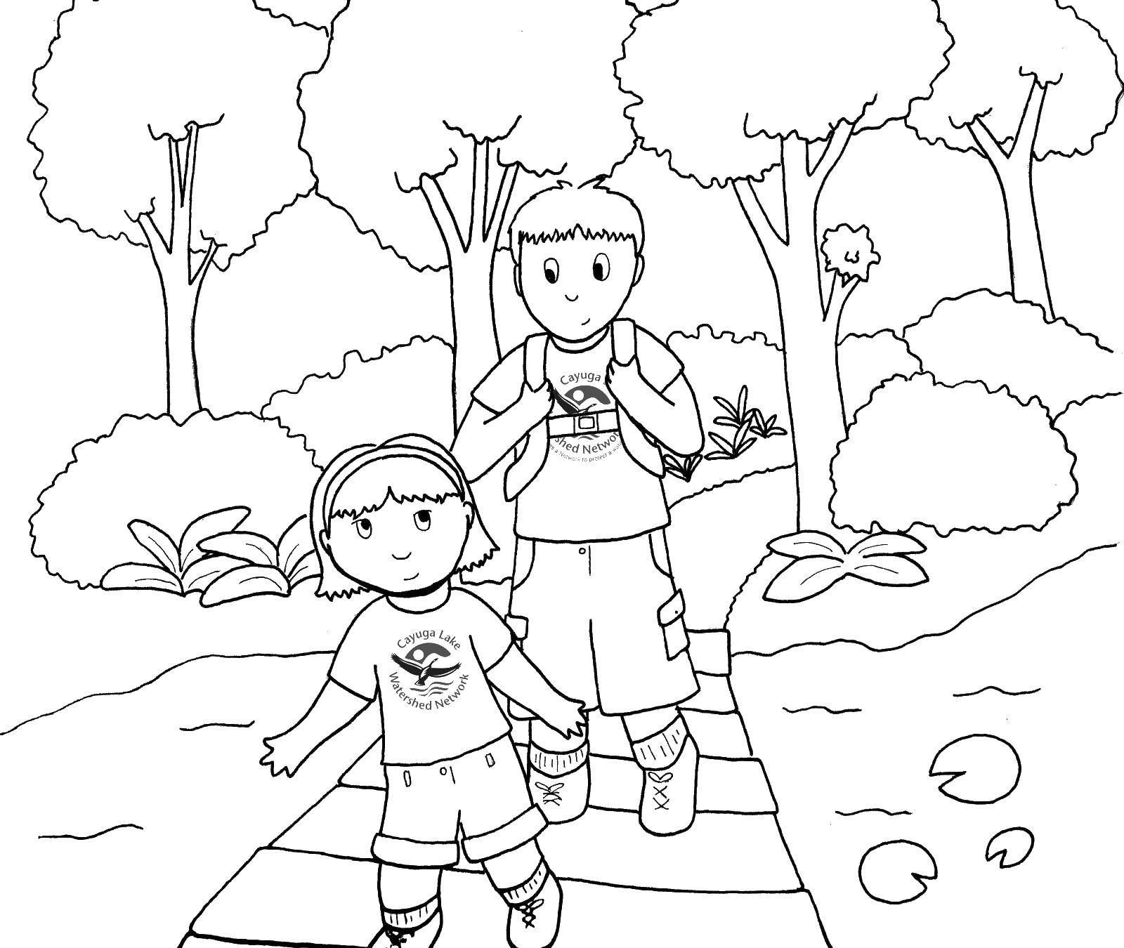 Coloring Boy and girl. Category Camping. Tags:  leisure, nature, children, hike.