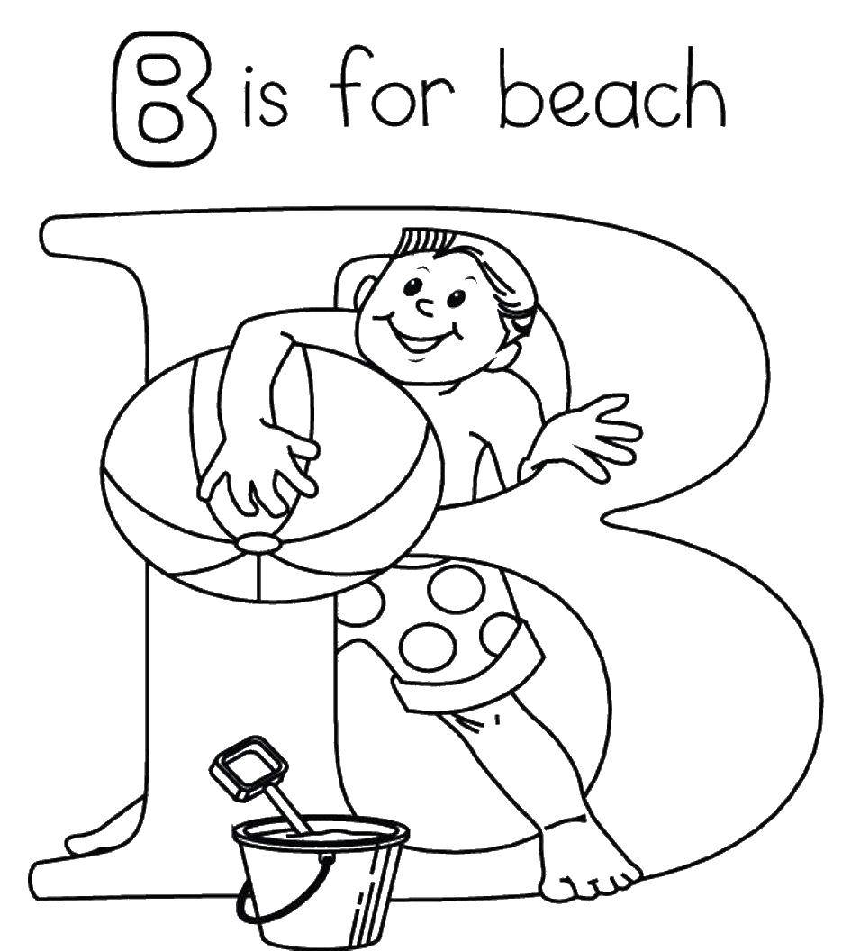 Название: Раскраска Мальчик с мячом и ведро с лопаткой. Категория: пляж. Теги: мальчик, мяч, ведро, лопатка.