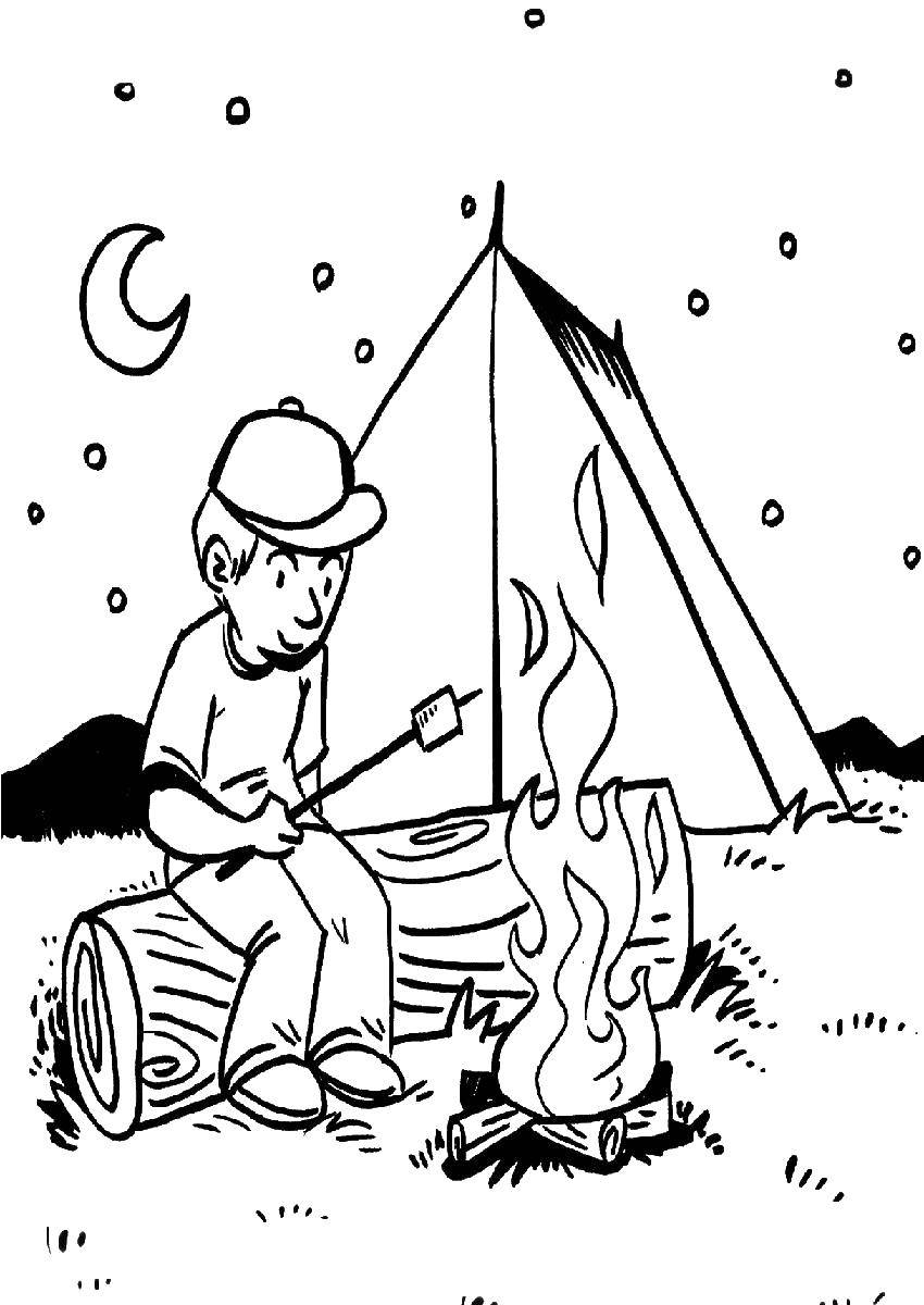 Coloring The boy at the campfire and tent. Category Camping. Tags:  boy, campfire, tent.