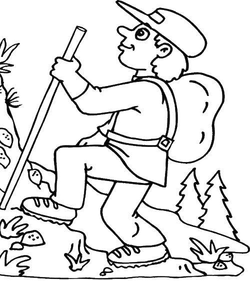 Название: Раскраска Мальчик в лесу. Категория: Отдых на природе. Теги: мальчик, палка, рюкзак.