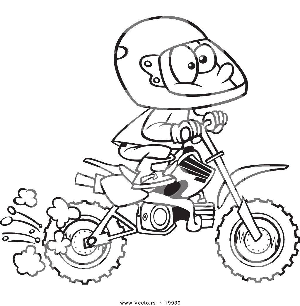 Название: Раскраска Мальчик в шлеме на мотоцикле. Категория: мотоцикл. Теги: мальчик, мотоцикл, шлем.