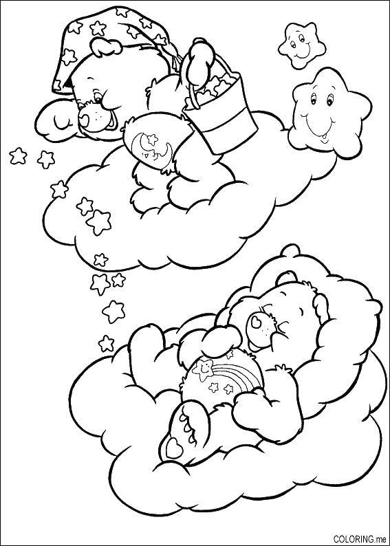 Название: Раскраска Мишки на облачках. Категория: Сон. Теги: мишки, облака, подушки, звезды.