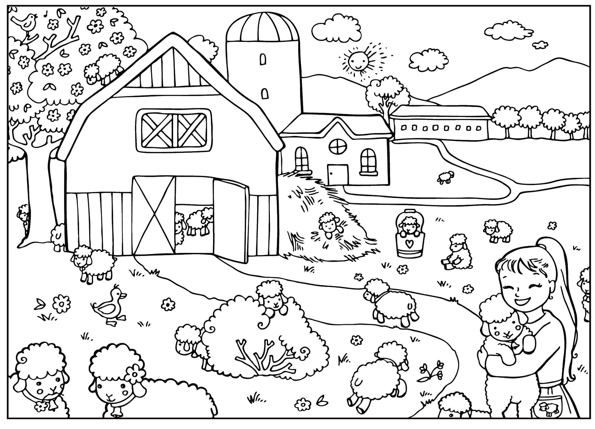Название: Раскраска Овечки в деревне. Категория: деревня. Теги: овечки, девочка, трава.