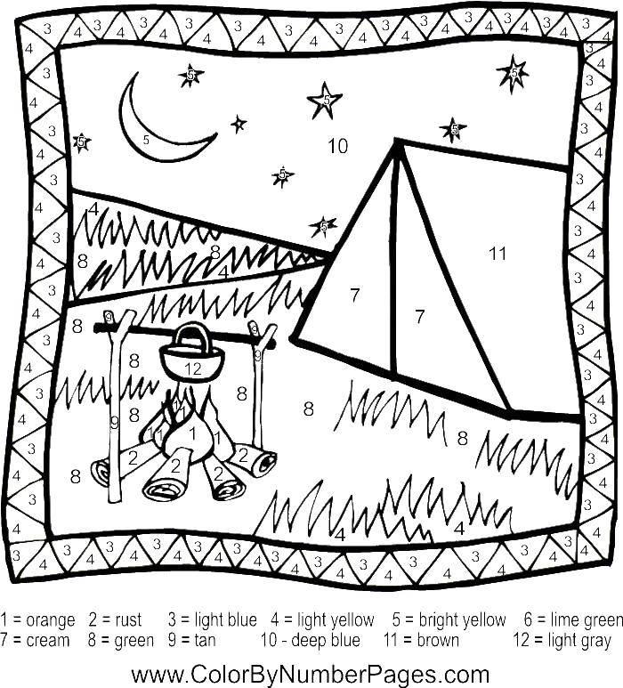 Название: Раскраска Палатка на природе. Категория: По номерам. Теги: палатка, костер, луна.