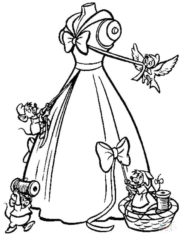 Название: Раскраска Платье на манекене и мышки с нитками. Категория: Диснеевские мультфильмы. Теги: платье, мышки, нитки, птичка.